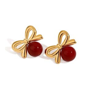 18K Gold Plated Red Bow Stud Earrings